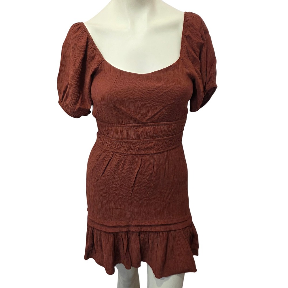Max + Ash Brown Textured Mini Dress Puff Sleeve Ruffle Hem Cottagecore M